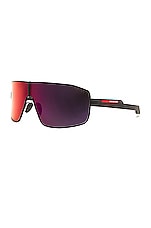 Prada Linea Rossa Shield Frame Sunglasses in Black, Red, & Orange, view 2, click to view large image.