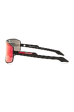 Prada Linea Rossa Shield Frame Sunglasses in Black, Red, & Orange, view 3, click to view large image.