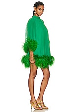 PatBO Pleated Feather Trim Mini Dress in Emerald, view 2, click to view large image.
