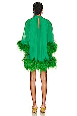 PatBO Pleated Feather Trim Mini Dress in Emerald, view 3, click to view large image.