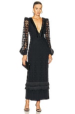 PatBO Crochet Plunge Fringe Trim Maxi Dress in Black, view 1, click to view large image.