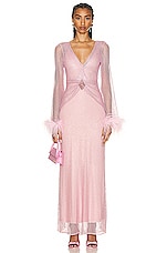 PatBO Feather Trim Rhinestone Netted Plunge Gown in Light Pink, view 1, click to view large image.
