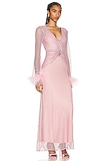 PatBO Feather Trim Rhinestone Netted Plunge Gown in Light Pink, view 2, click to view large image.