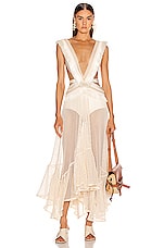 PatBO Fringe and Mesh Cutout Maxi Dress in Wheat, view 1, click to view large image.
