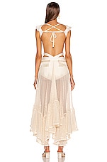 PatBO Fringe and Mesh Cutout Maxi Dress in Wheat, view 3, click to view large image.