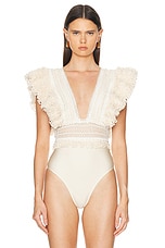 PatBO Woven Trim Plunge Bodysuit in Wheat, view 2, click to view large image.