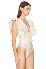 PatBO Woven Trim Plunge Bodysuit in Wheat, view 3, click to view large image.