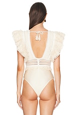 PatBO Woven Trim Plunge Bodysuit in Wheat, view 4, click to view large image.