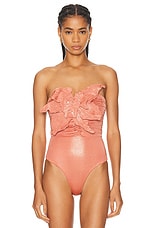 PatBO Metallic Jersey Orchid Bodysuit in Terracotta, view 2, click to view large image.