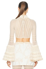 PatBO Woven Bell Sleeve Cropped Top in Wheat, view 3, click to view large image.