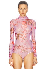 PatBO Floral Haze Stretch Tulle Bodysuit in Violet, view 2, click to view large image.