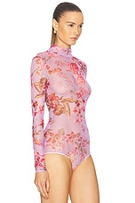 PatBO Floral Haze Stretch Tulle Bodysuit in Violet, view 3, click to view large image.