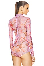 PatBO Floral Haze Stretch Tulle Bodysuit in Violet, view 4, click to view large image.