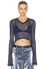 PRISCAVera Metallic V-Neck Cropped Top in Midnight Blue, view 1, click to view large image.