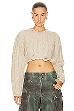 R13 Distressed Cropped Cable Sweater in Oatmeal, view 1, click to view large image.