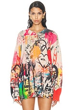 R13 Printed Boyfriend Sweater in Heart Graffiti Print, view 1, click to view large image.