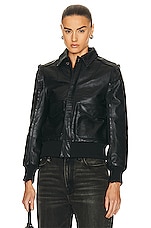 R13 Flat Sleeve Bomber Jacket in Shiny Black, view 2, click to view large image.