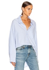 R13 Drop Neck Oxford Shirt in Blue & White Pinstripe, view 2, click to view large image.