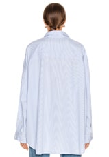 R13 Drop Neck Oxford Shirt in Blue & White Pinstripe, view 3, click to view large image.