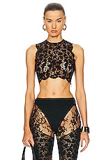 Roberto Cavalli Cropped Leopard Lace Top in Nero, view 1, click to view large image.