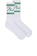 Rhude Script Logo Socks in White & Green, view 1, click to view large image.