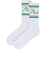 Rhude Script Logo Socks in White & Green, view 2, click to view large image.