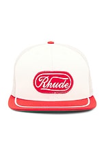 Rhude Patch Trucker Hat in Off White & Red, view 1, click to view large image.