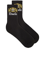 Rhude Crest Logo Sock in Black, White, & Yellow, view 1, click to view large image.