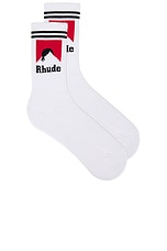 Rhude Moonlight Socks in White, Black, & Red, view 1, click to view large image.