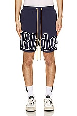 Rhude Logo Track Short in Navy, view 3, click to view large image.