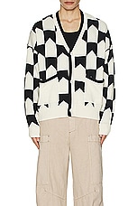 Rhude Chevron Checkered Knit Cardigan in Black & Cream, view 3, click to view large image.