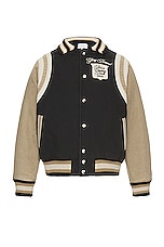 Rhude Varsity Jacket in Black, Khaki & Elephant, view 1, click to view large image.
