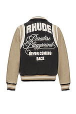 Rhude Varsity Jacket in Black, Khaki & Elephant, view 2, click to view large image.