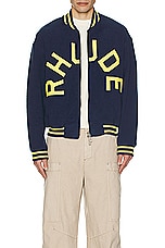 Rhude Oversized Logo Terry Varsity in Navy & Yellow, view 3, click to view large image.