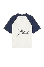 Rhude Raglan Poplin Button Up in in Navy & Cream, view 2, click to view large image.