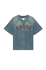 Rhude Baseball Denim Shirt in Dark Indigo, view 1, click to view large image.