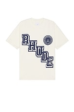 Rhude Collegiate Crest Tee in Vintage White, view 1, click to view large image.