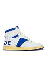 Rhude Rhecess Hi Sneaker in White & Blue, view 1, click to view large image.