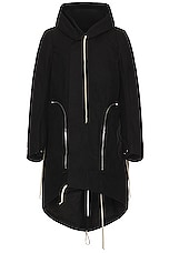 Rick Owens Bauhaus Fishtail Parka in Black, view 1, click to view large image.