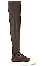 Rick Owens Knee High Stocking Sneaker in Brown, Milk, & Milk, view 1, click to view large image.