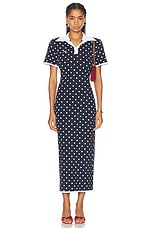 Rowen Rose Long Polo Dress in Navy Blue & White Polka Dots, view 1, click to view large image.