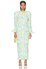 Rowen Rose Pleated Georgette Printed Long Dress in Blue & Yellow Roses, view 1, click to view large image.