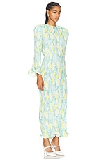 Rowen Rose Pleated Georgette Printed Long Dress in Blue & Yellow Roses, view 2, click to view large image.