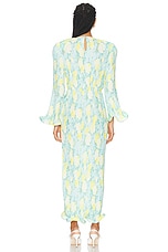 Rowen Rose Pleated Georgette Printed Long Dress in Blue & Yellow Roses, view 3, click to view large image.