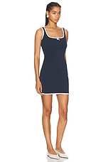 Rowen Rose Bi-color Sleeveless Jersey Mini Dress in Navy Blue & White, view 2, click to view large image.