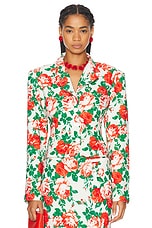 Rowen Rose Sable Printed Oversized Tailored Jacket in Cream & Red Roses, view 1, click to view large image.