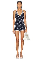 Rowen Rose Backless Romper in Navy Blue & White Polka Dots, view 1, click to view large image.