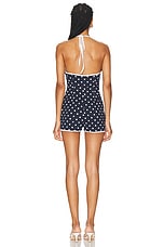 Rowen Rose Backless Romper in Navy Blue & White Polka Dots, view 3, click to view large image.