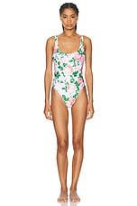 Rowen Rose Backless One Piece Swimsuit in Light Pink & Pink Roses, view 1, click to view large image.