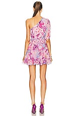 ROCOCO SAND Zazu One Shoulder Mini Dress in Pink & Purple Tropical, view 4, click to view large image.